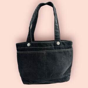 Vtg Tote Bag Y2k Black Corduroy Front Pocket Top Handle Shoulder Purse